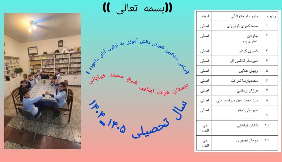 اسامی منتخبین شورای دانش آموزی دبستان شیخ محمد خیابانی-1404